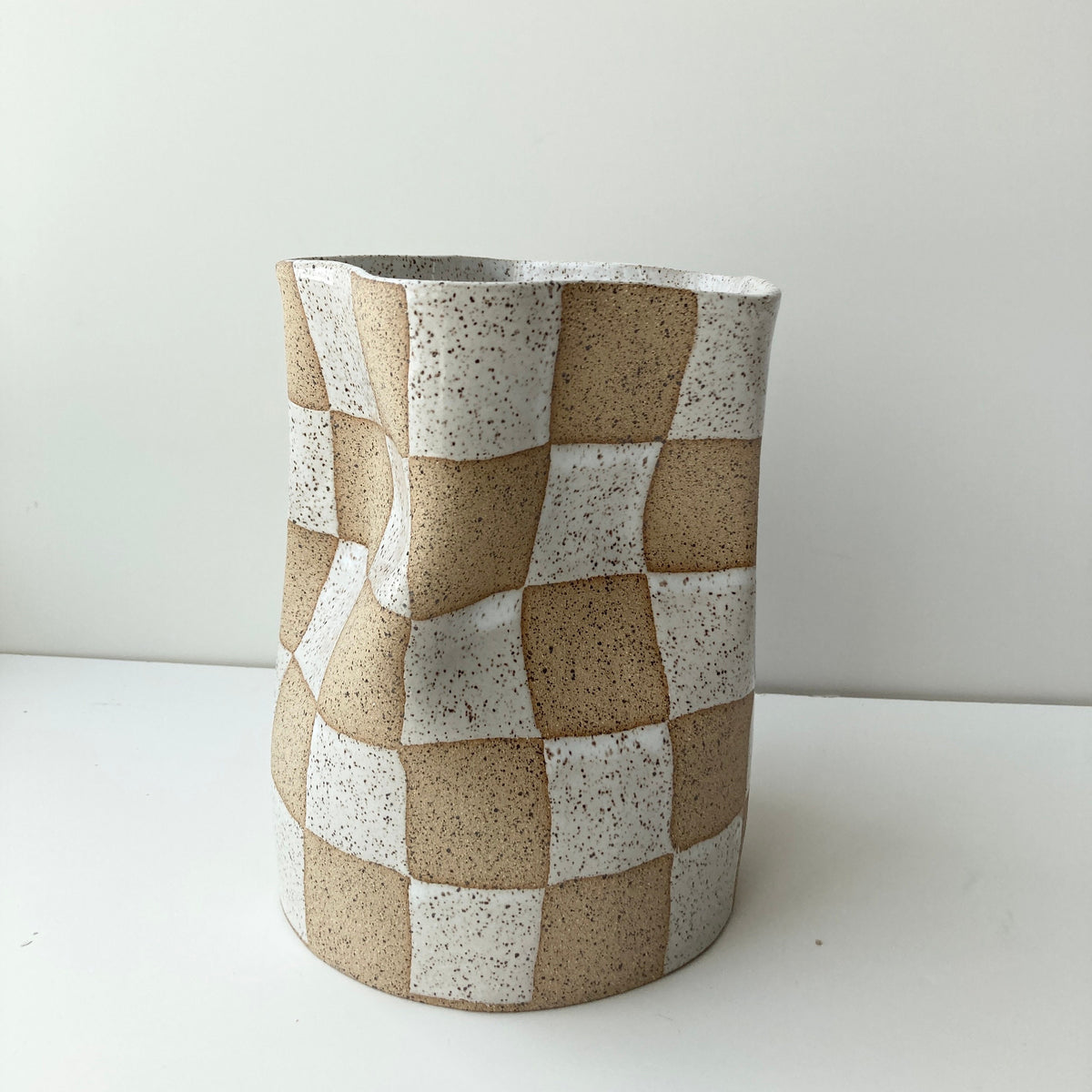 Ceramic Checkered Container / Ceramic checker wide vase with speckled clay