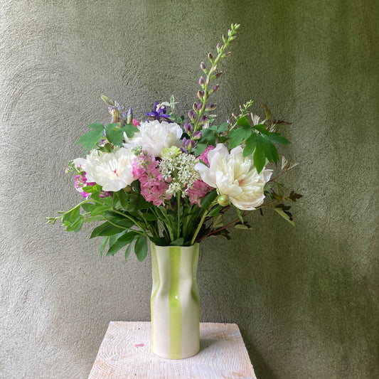 Ceramic Vase with Chartreuse Lime Green Stripes