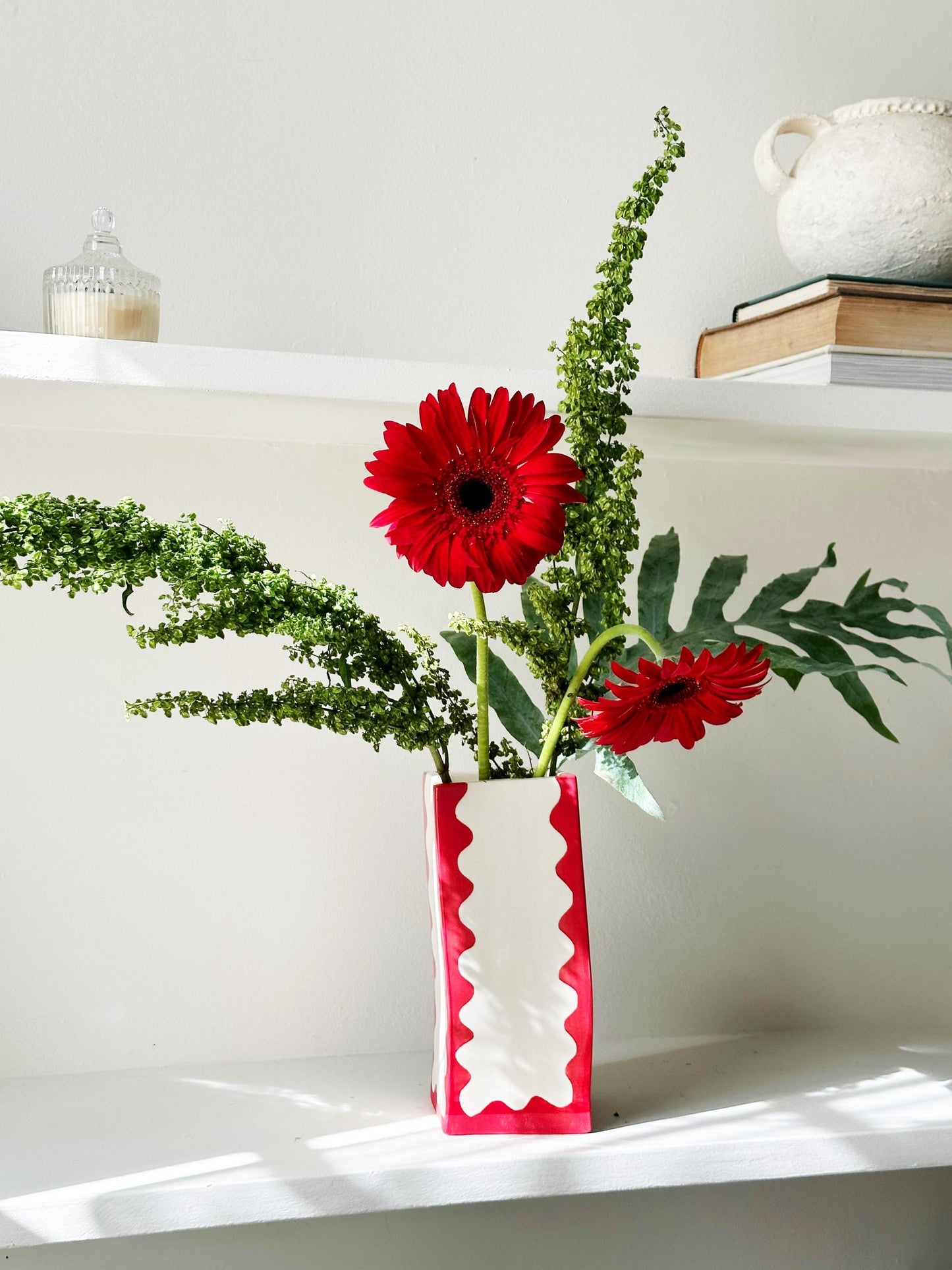 Ready to Ship Square Ceramic vase with wavy scallop pattern