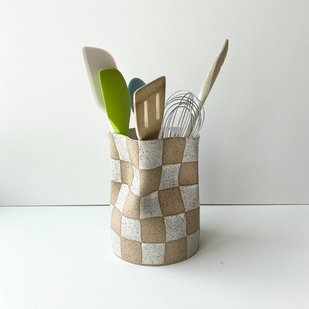 Ceramic Checkered Container / Ceramic checker wide vase with speckled clay