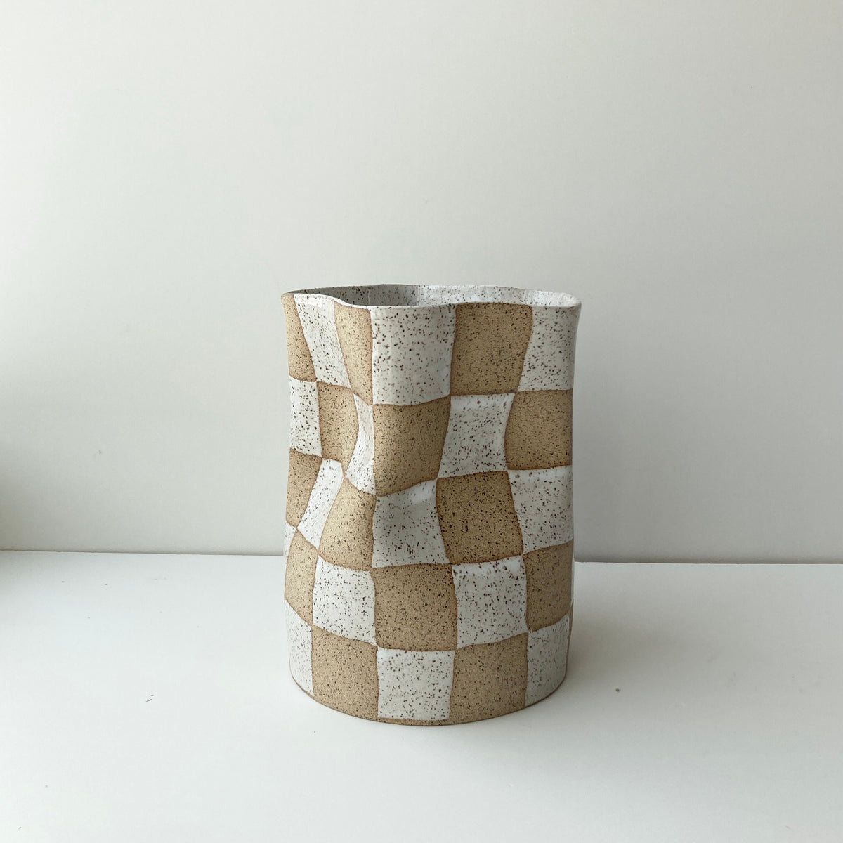 Ceramic Checkered Container / Ceramic checker wide vase with speckled clay