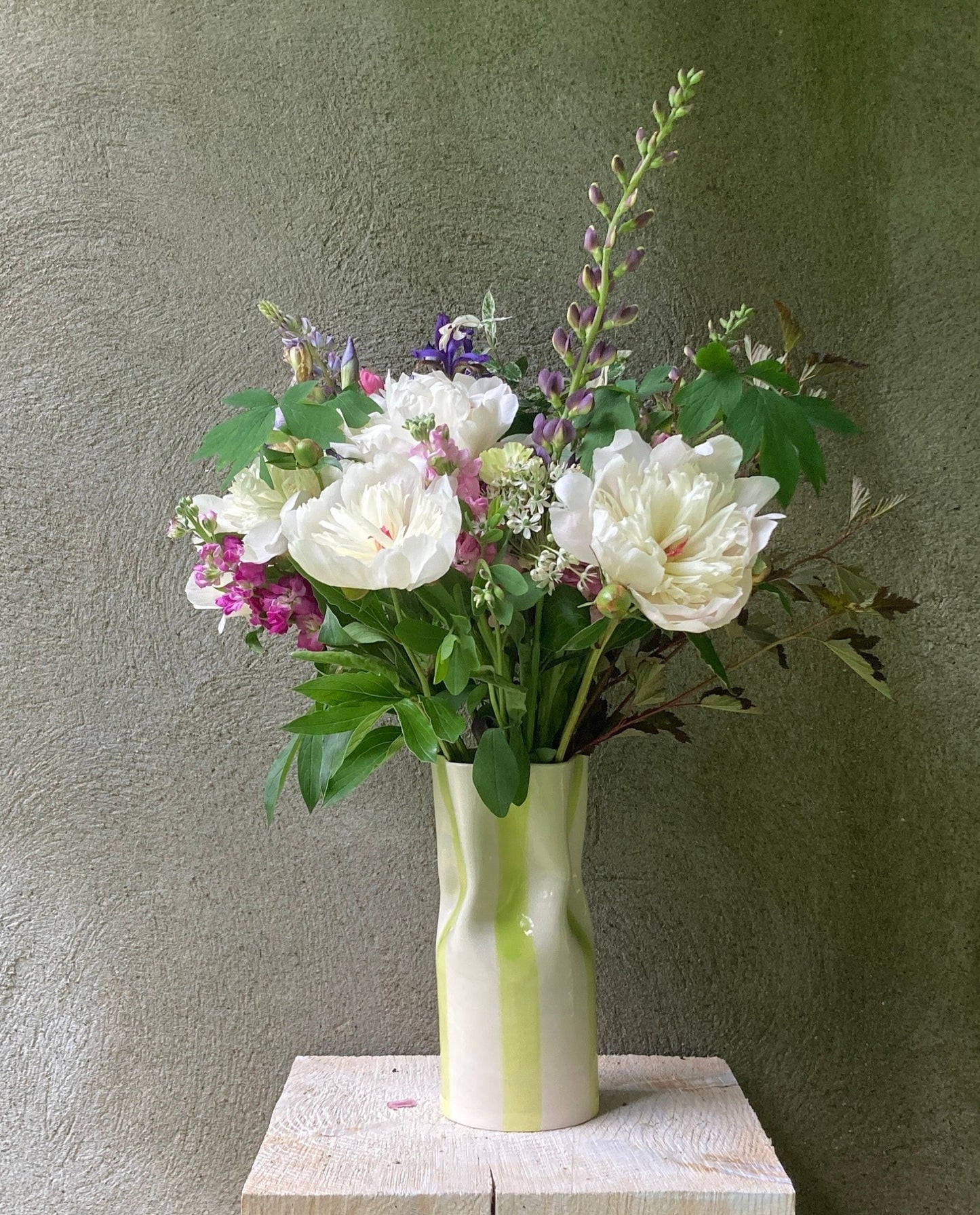 Ceramic Vase with Chartreuse Lime Green Stripes