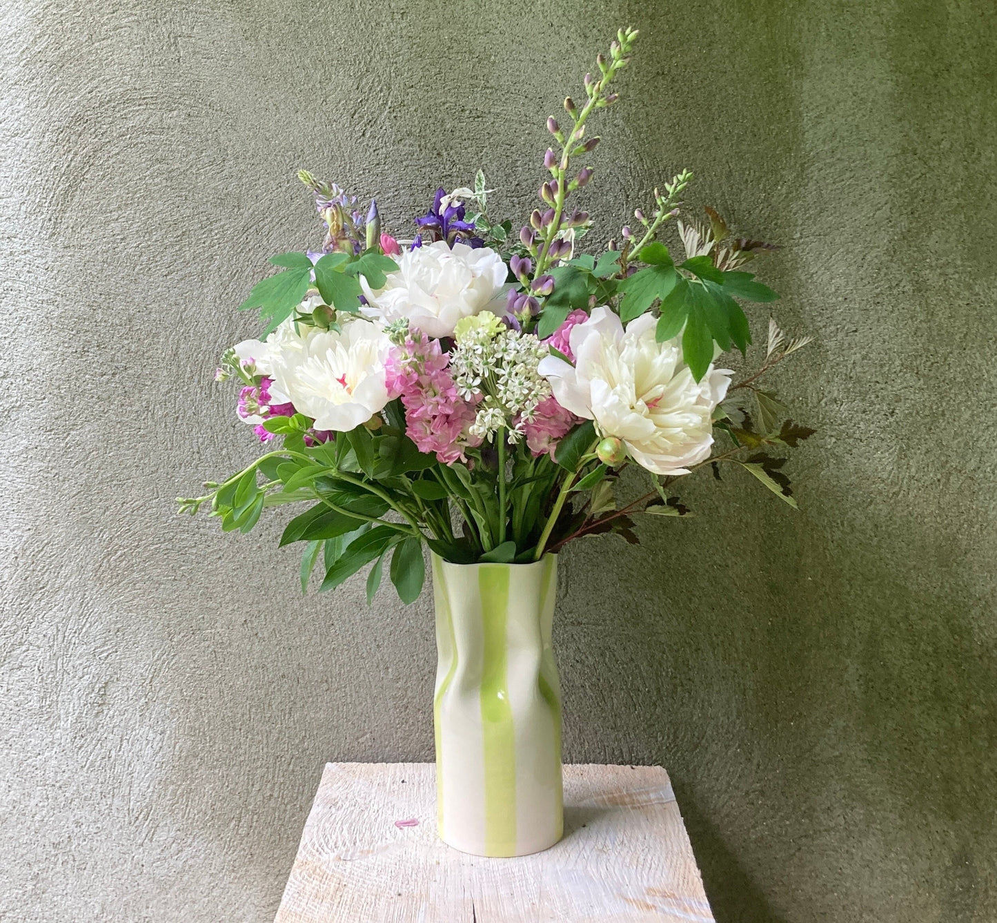 Ceramic Vase with Chartreuse Lime Green Stripes