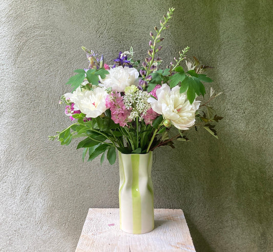 Ceramic Vase with Chartreuse Lime Green Stripes