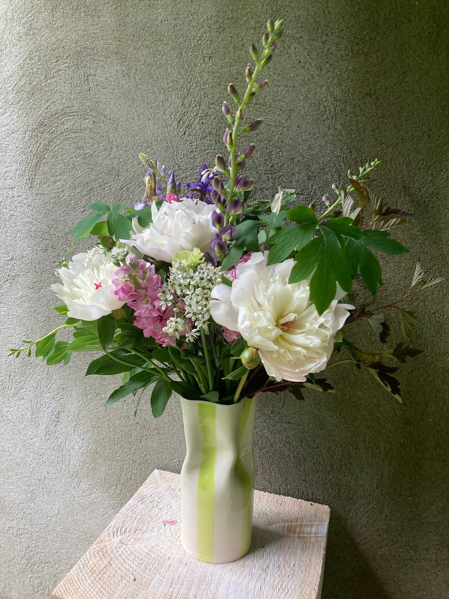 Ceramic Vase with Chartreuse Lime Green Stripes