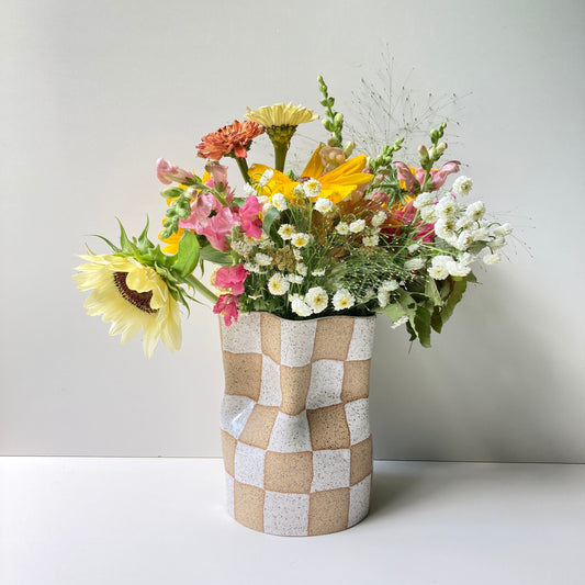 Ceramic Checkered Container / Ceramic checker wide vase with speckled clay