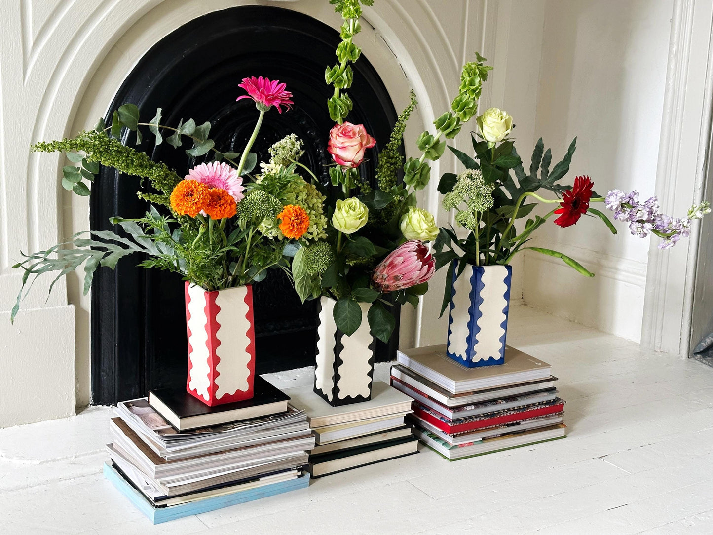 Ready to Ship Square Ceramic vase with wavy scallop pattern