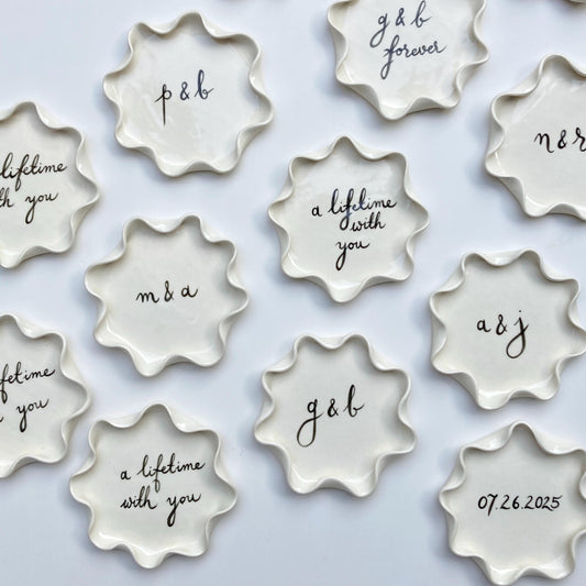 Personalized painted wavy plate, off white neutral cream wavy trinket dish
