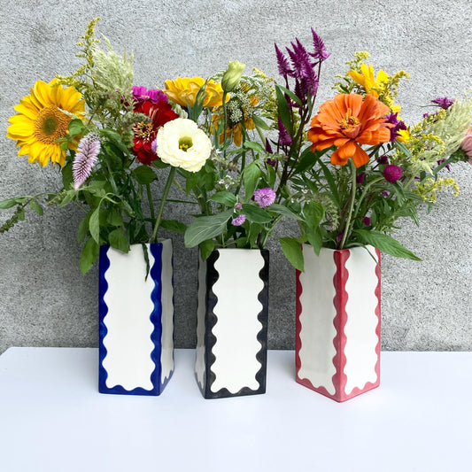 Ready to Ship Square Ceramic vase with wavy scallop pattern