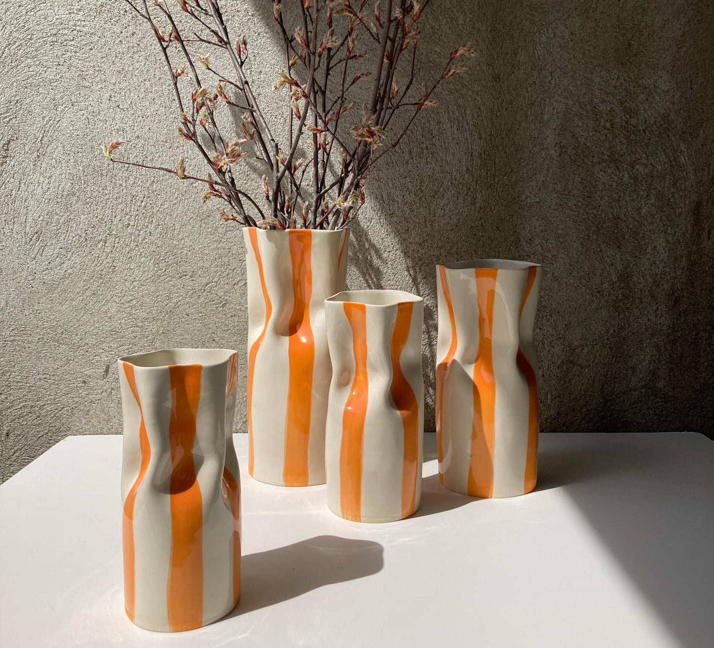 Handmade Ceramic Vase with Orange Stripes