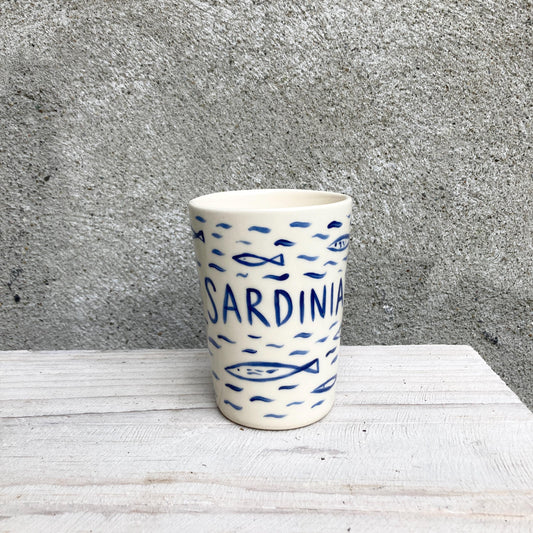 Ceramic cup with sardines, all over fish pattern
