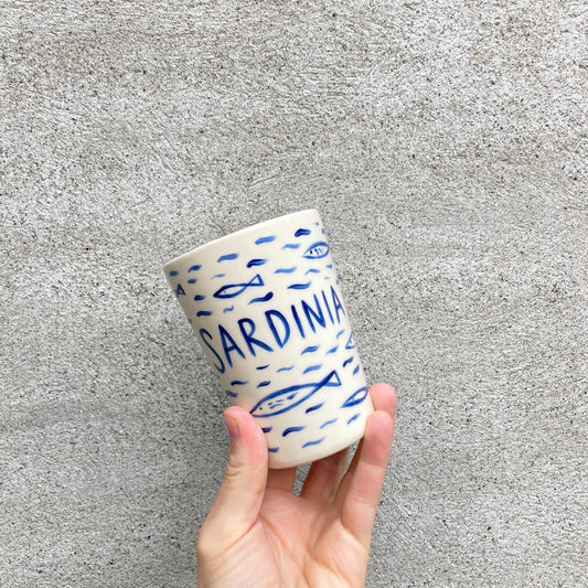 Ceramic cup with sardines, all over fish pattern