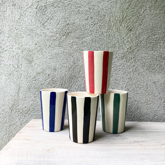 Hand painted Ceramic Striped Cup with multiple colors, blue, red, pink, green, black