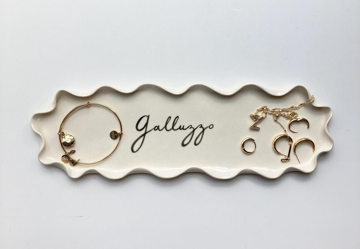 Personalized painted wavy plate long, off white neutral cream wavy trinket dish