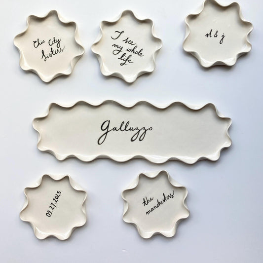 Personalized painted wavy plate long, off white neutral cream wavy trinket dish